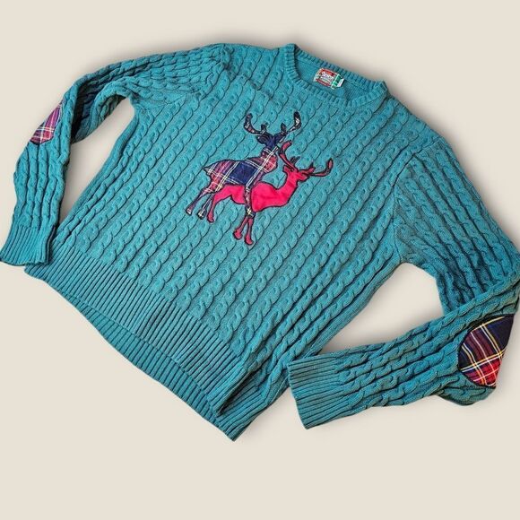 Spencers Naughty Reindeer Green Christmas Cable Knit Pullover Sweater XLarge - Picture 5 of 5